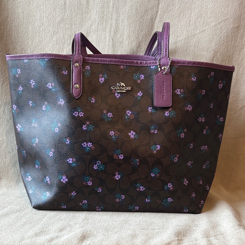 Coach Reversible Brown Signature and Purple Floral Tote Bag